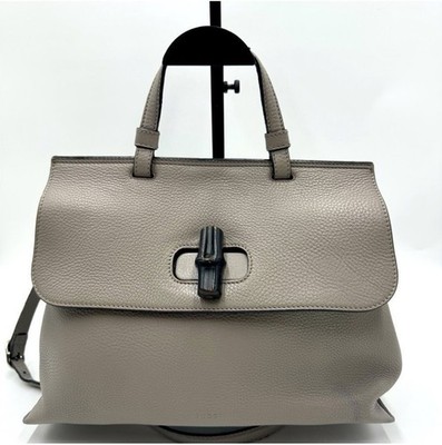Auth Gucci Gray Top Handle Bamboo Accent 2way Daily Tote Bag
