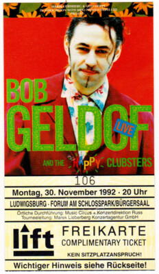 BOB GELDOF - BOOMTOWN RATS - 1992 - Ticket - Eintrittskarte - Ludwigsburg