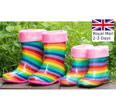 GIRLS KIDS CHILDREN RAINBOW WELLINGTON INSULATED WELLIES RAIN SNOW BOOTS  WARM UK
