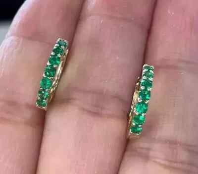 Natural Green Emerald 2.20Ct Round Cut Snap Hoop Earrings 14K Yellow Gold Plated