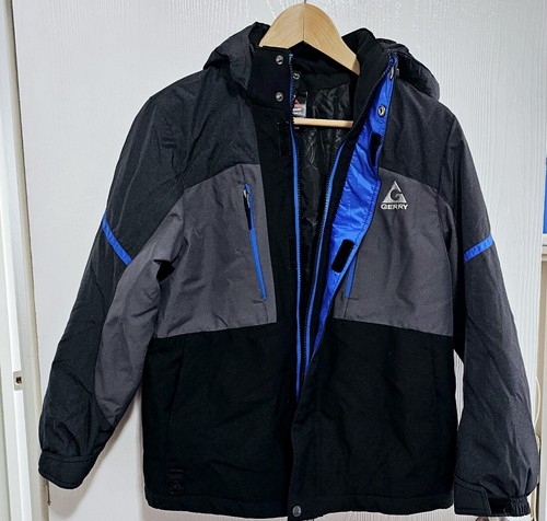 GERRY Double Zip Ski Jacket Youth Detachable Hood Black Gray Blue Medium 10/12 - Picture 7 of 14