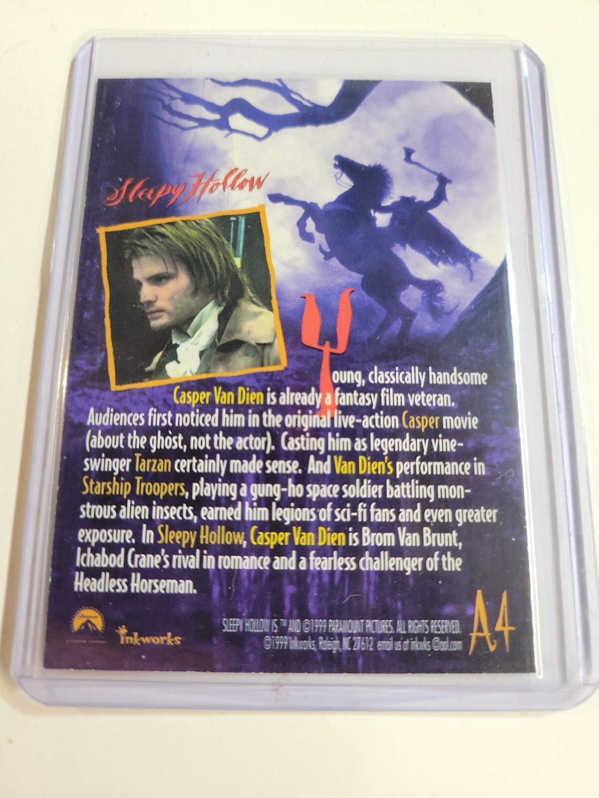 Sleepy Hollow Movie Casper Van Dien Autograph Card A4 Inkworks 1999 INSCRIPTION - Picture 3 of 3