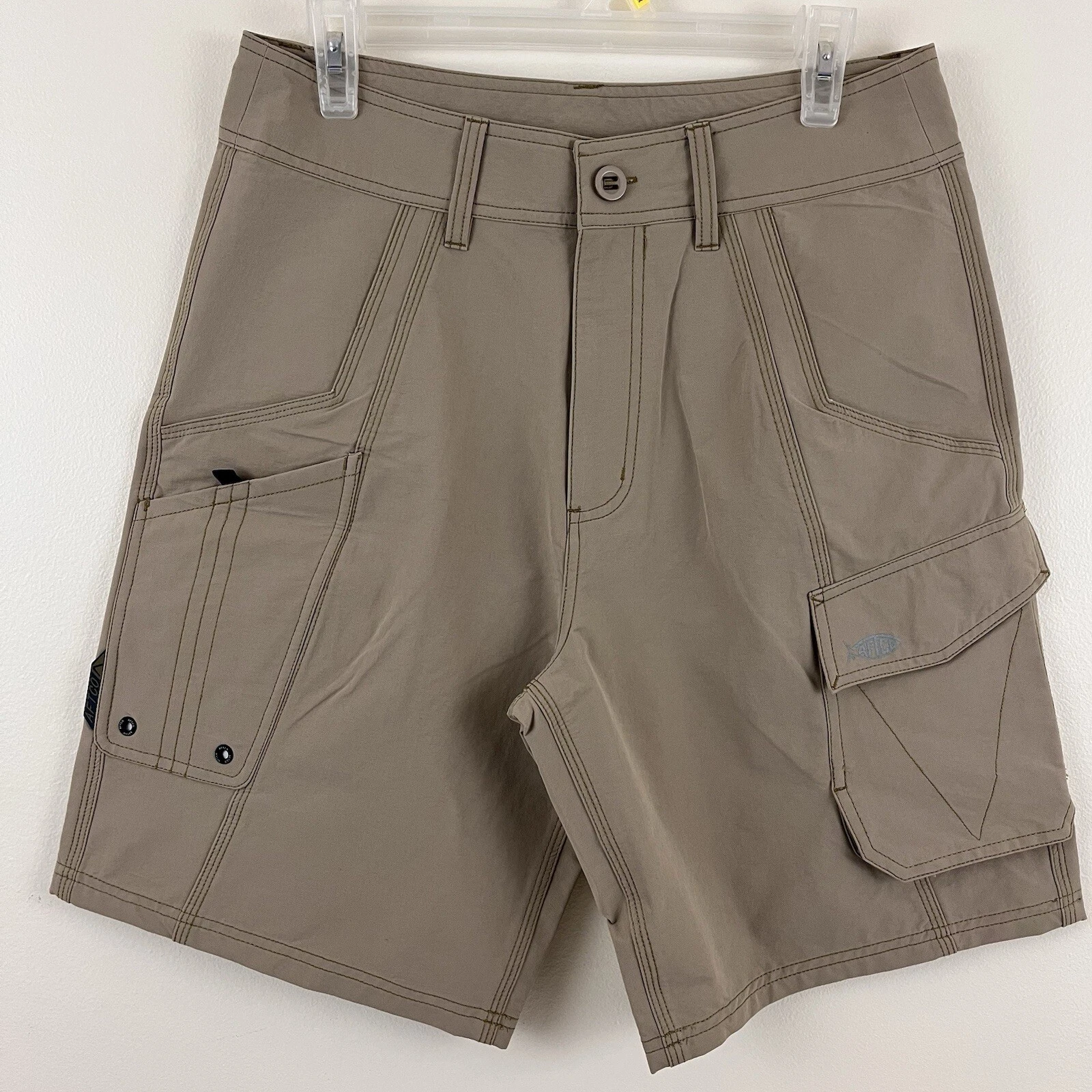 AFTCO Fishing Shorts Mens 30 Khaki Tan Utility Cargo Nylon Stretch