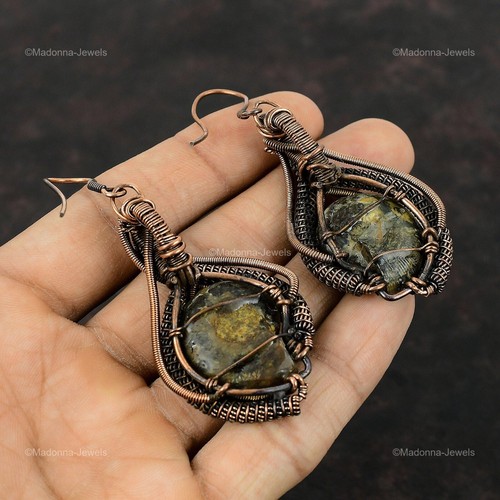 Copper Pear Ammonite Fossil Gemstone Ethnic Wire Wrapped Dangle Earrings Jewelry - Picture 7 of 13
