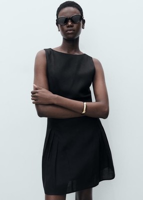 Mango Black Solid Linen-Blend Shift Dress Size 2 Short Sleeveless Boat Neck