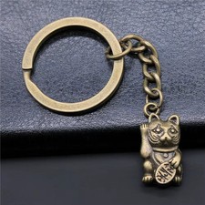 Lucky Cat Good Luck Japanese Chinese Bronze Maneki-neko Keychain Gift Key Chain