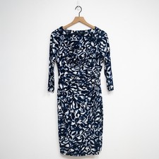Lauren Ralph Lauren Ruched Navy Blue White Abstract Print V Neck Size 10