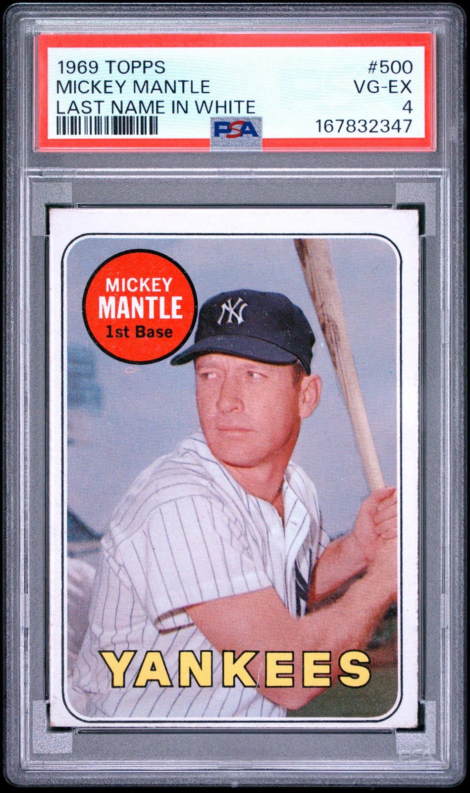 1969 TOPPS LAST NAME IN WHITE #500 MICKEY MANTLE PSA 4