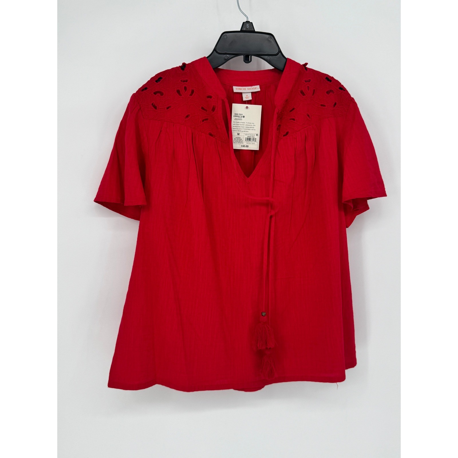 Knox Rose Blouse Womens M Red NEW Eyelet Tassel Boho Short Sleeve Top