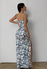 Women’s White/Blue Floral Maxi Dress Square Neck Sleeveless Cotton Size S