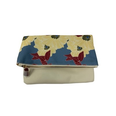 Rachel Pally Reversible Clutch Bag Pouch Blue Floral Flowers Yellow Zipper White