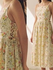 Laura Ashley x Urban Outfitters M Yellow Micro Floral Lace Up Linen Midi Dress