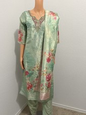 Green Silk Floral Salwar Kameez Set Embroidered Neckline Dupatta Women