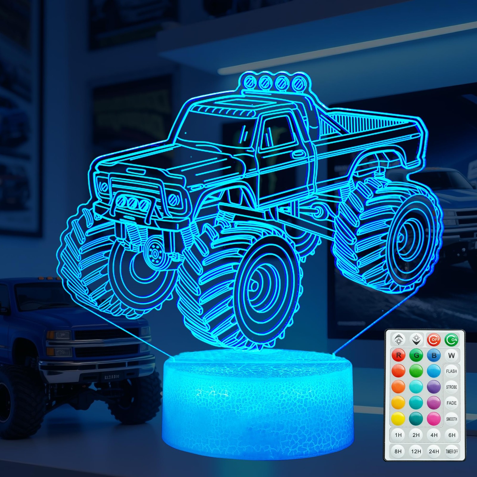 Veilleuse Monster Truck lampe illusion 3D 16 couleurs pour enfant