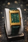 Vintage Seiko Reverso Frame Tank Wrist Watch GLD/GRN Dial GREEN STRAP