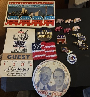 Lot Of 16 1984 Republican Campaign Pinback Pins Post Card And Guest Ticket