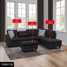 Black Grey Linen 3-Piece Sofa Living Room Sofa Set