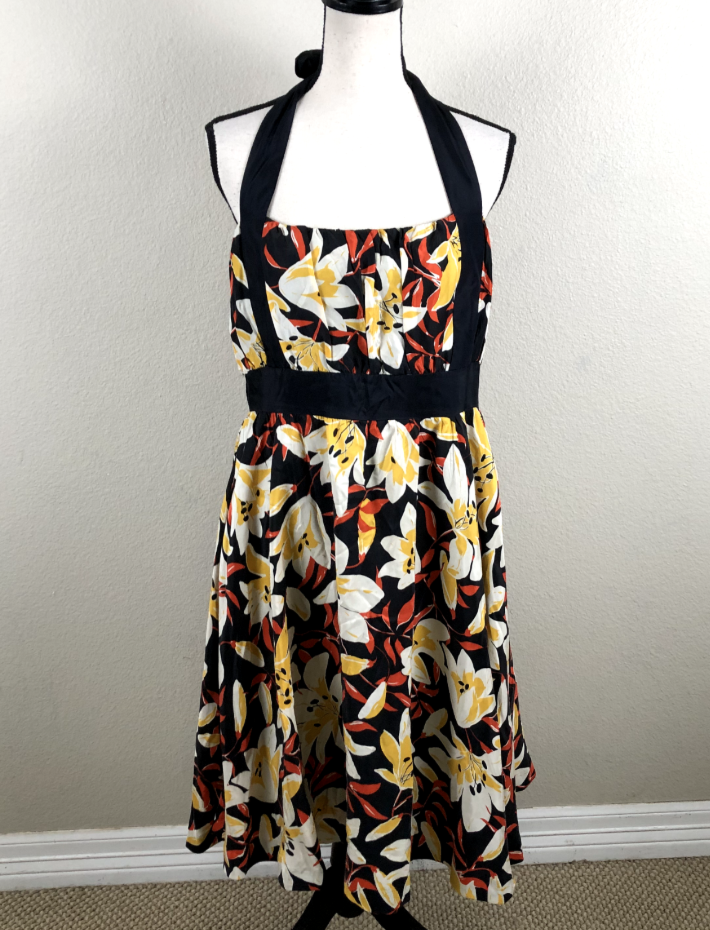 Moulinette Soeurs Dress Womens 12 Black Floral Silk Halter A-Line  Anthropologie | eBay