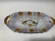 Vintage Germany Porcelain Bone Dish Scalloped Open Handle With Birds