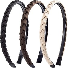 3 Pcs Braided Headbands for Women, Non Slip Skinny Black, Dark Brown, White