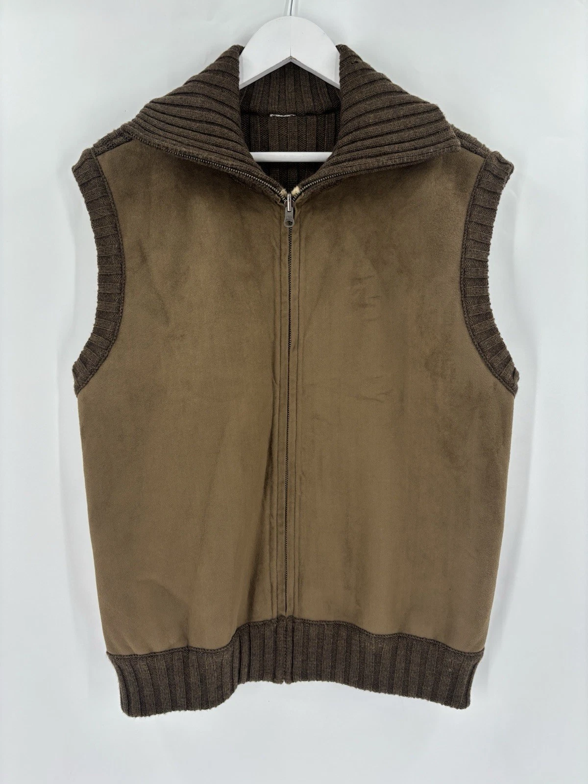 Vintage Suede Vest Mens Large Brown Sherpa Lined Ribbed Knit Full Zip Jacket