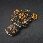 Vintage Brooch B1378 Orange Rhinestone Flowers in Vase Brooch Costume Jewelry