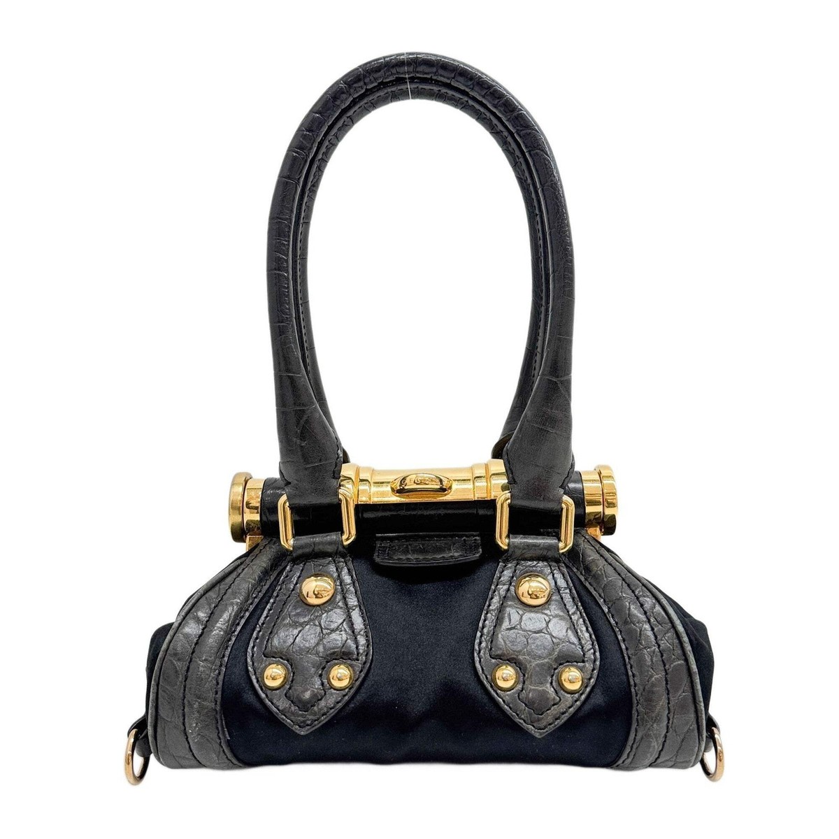CELINE Flip Lock Black Crocodile Embossed Leather Trim & Satin