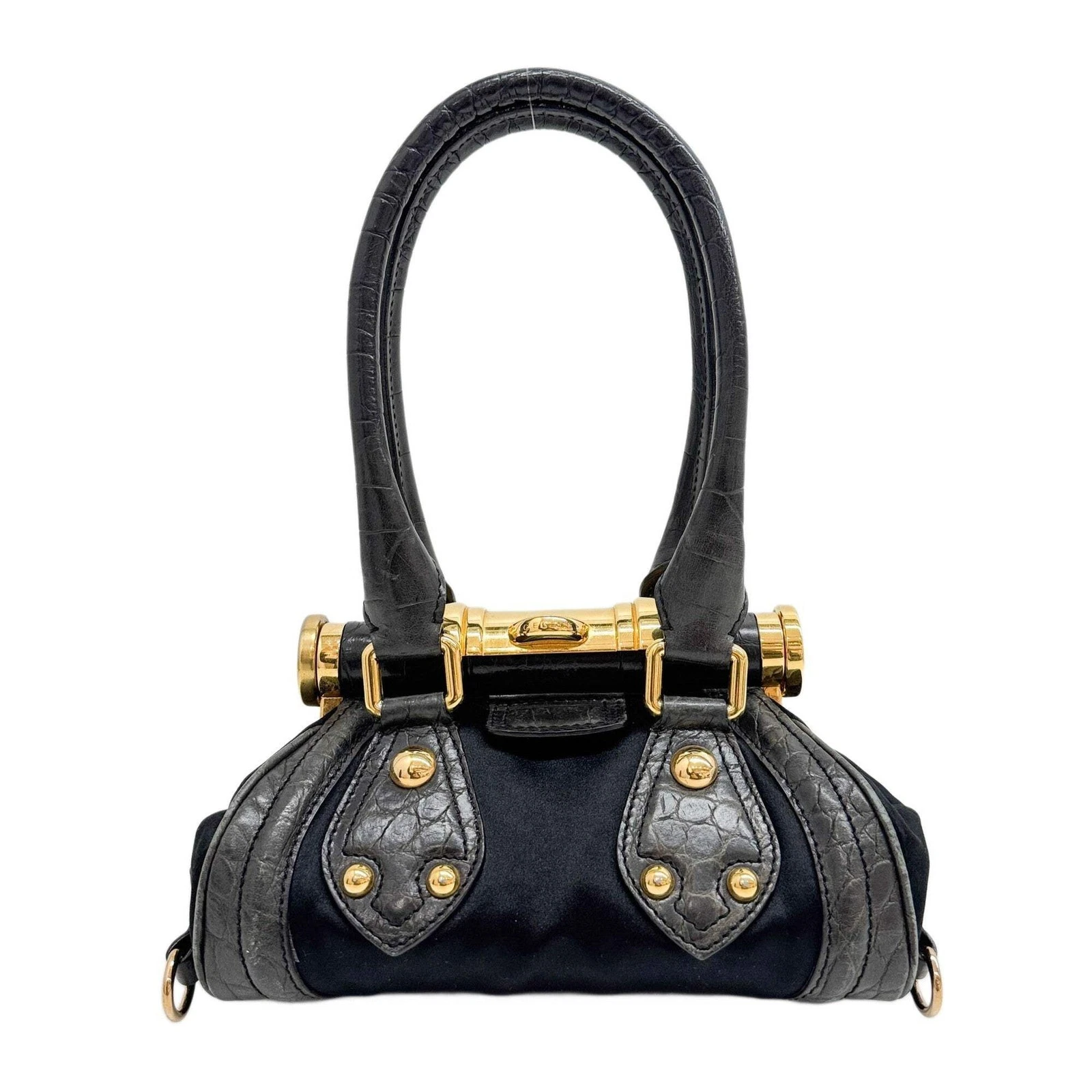Celine — CELINE Flip Lock Black Crocodile Embossed Leather Trim & Satin Shoulder Bag
