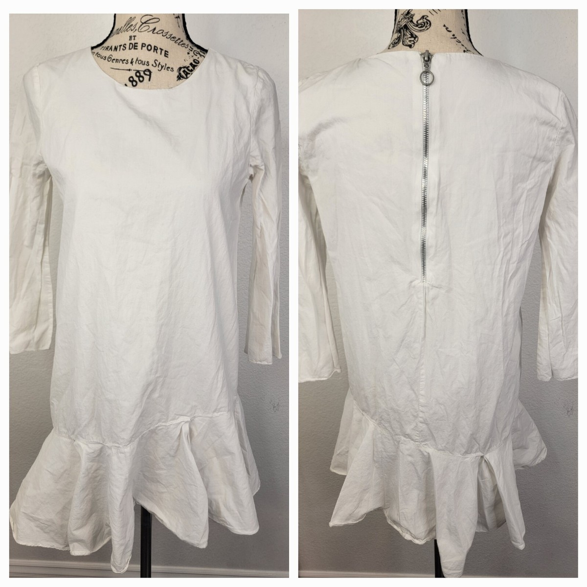 Zara Mini Dress Womens XS Drop Waist Layered3/4 Sleeves Crewneck White Summer Zara Mini Dress Womens XS Drop Waist Layered3/4 Sleeves Crewneck White Summer
