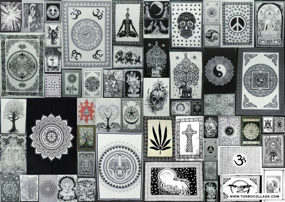 Black And White Pure Cotton Tapestry Wall Hanging Boho Throw Hippie Decor Poster - Image 2 of 2