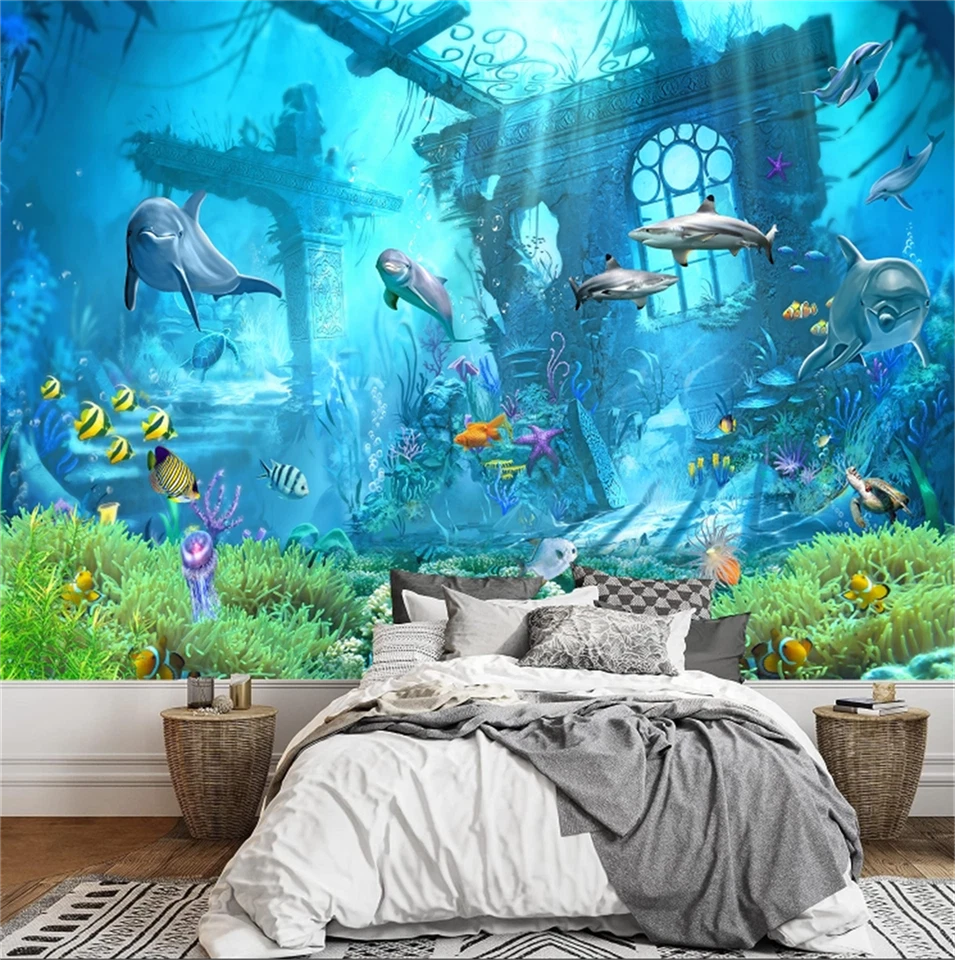3D Underwater World Dolphin Wall Murals Wallpaper for Kids Bedroom Home Decor - Image 4 of 4