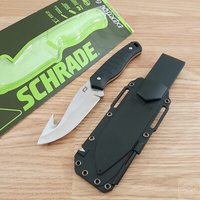 Schrade Exertion Fixed Knife 4'' AUS-10 Steel Gut Hook Blade Black Rubber Handle