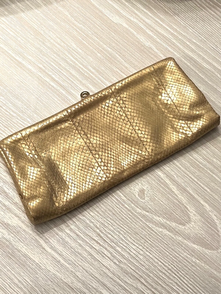 Salvatore Ferragamo Gold Snakeskin and Leather Evening Clutch - Image 2 of 4