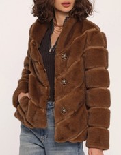 Heartloom Jayne Coat M Faux Fur Rhinestone Button Leather $269 Brown Stripe