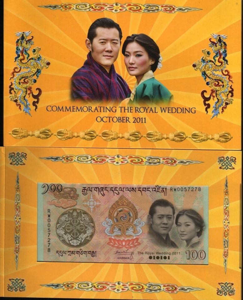 Bután 100 NGULTRUM P-35 2011 Carpeta Conmemorativa Rey Reina BODA REAL NOTA Foto 3 de 4