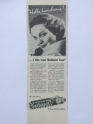 1937 vintage barbasol print ad, hello, handsome!.. I like your barbasol face