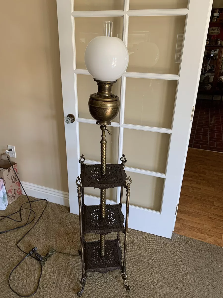 Antique The Rochester Brass and Iron Floor Piano Parlor Oil Lamp