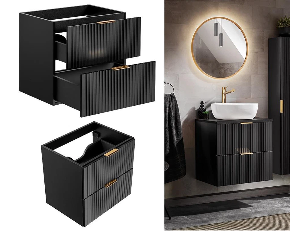 IMPACT FURNITURE Bathroom Vanity Unit 600mm Ribbed Textured Black Modern Wall Hung Floating Adet