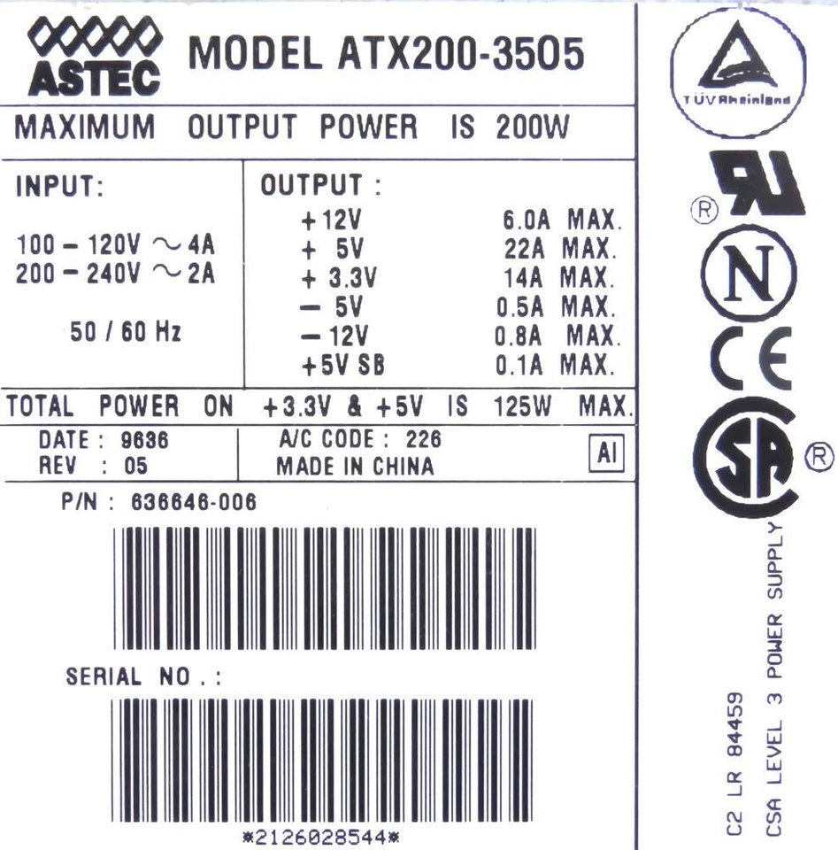 Power Supplies Astec ATX200-3505 200W GATEWAY E4000 Non Hot Swap - Image 3 of 3