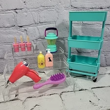 Our Generation 18" Doll Accessories Lot Blow Dryer Popsicles Rolling Cart Plus