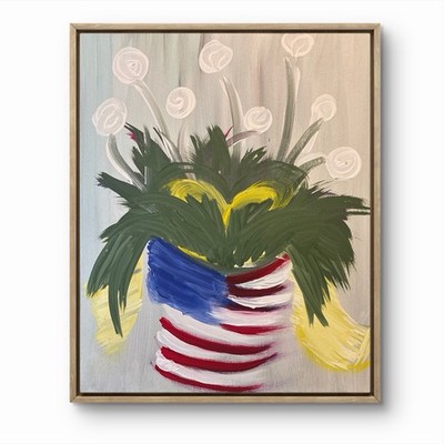 BLESSED#1516 American Flag Yellow Bow Plant 20x16 Original Art Canvas Acrylic