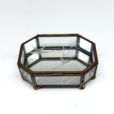 Vtg Glass and Brass Dresser/Trinket Box Etched Hinged Lid Stained Glass Mexico