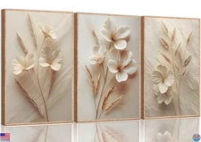 3Pcs Neutral Beige Floral Canvas Wall Art - Modern Flower Plant Decor Print