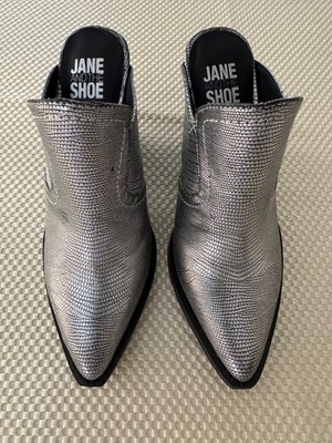 JANE AND THE SHOE Liesel Cowboy Boot Mules Women's Slip~on Size 6 M ~ Silver 