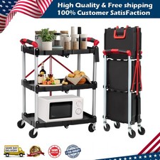 3-Tier Folding Service Cart Collapsible With Wheels Portable Cart 167Lbs Indoor
