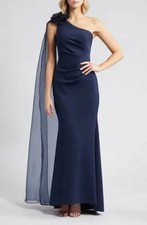 Eliza J Women's Size 4 Blue One Shoulder Cape Jersey Mermaid Gown NEW