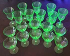 19 Uranium Glass Depression Era 9 Wine Goblet and 10 Champagne Sherbet Glasses