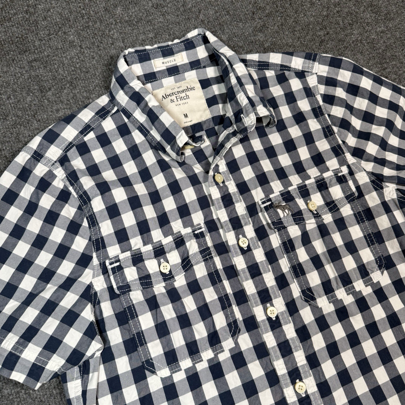 Abercrombie Fitch Muscle Fit Navy Blue Check Long Sleeve Button Down Shirt Men M