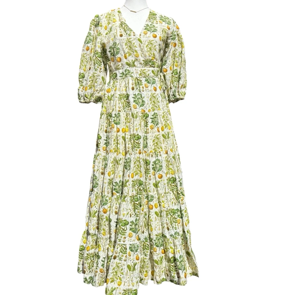 Vestido Palm Noosa AU 12 US8 Cítrico Botánico Lino Envolvente Manga Abullonada Maxi Voluminoso Foto 2 de 4