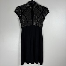 Cache Women's XS Black Rhinestone Keyhole Cap Sleeve Fit Flare Mini Dress VTG